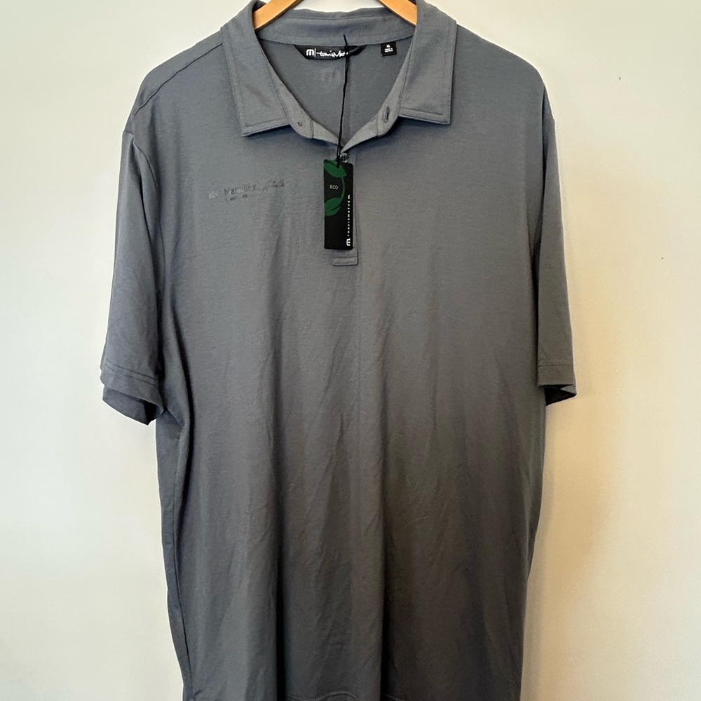 NWT Travis Mathew Gray Men's Polo Casual Performance Log on Front